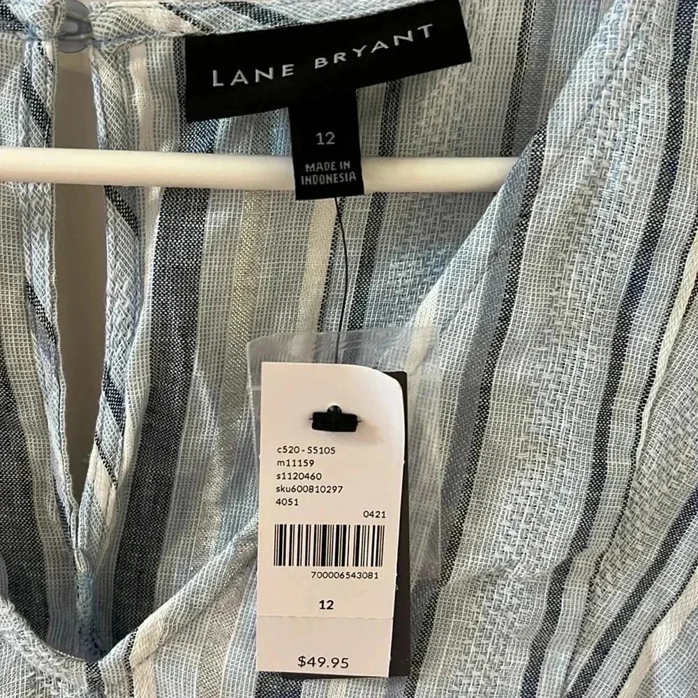 NWT Linen Blend Peplum Blouse Blue Airy Flattering Short Sleeve V Neck Keyhole L - Picture 5 of 10